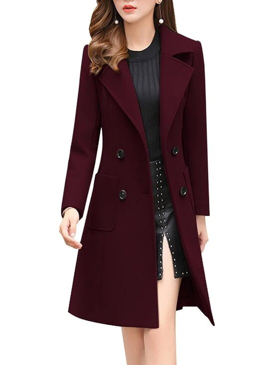 Jackets & Blazers - Women's Wine Red Long Sleeve Notched Collar Double Breasted Wool Blend Over Coat